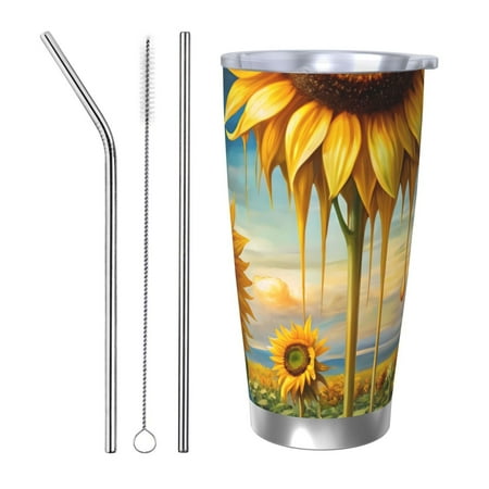 

Cauagu Artistic Oil Painting Sunflower Pattern 20oz Tumbler Stainless Steel Vacuum Insulated Tumbler with Lid Insulated Coffee Mug Thermal Cup with Splash Proof Sliding Lid-Straw Three-piece Set