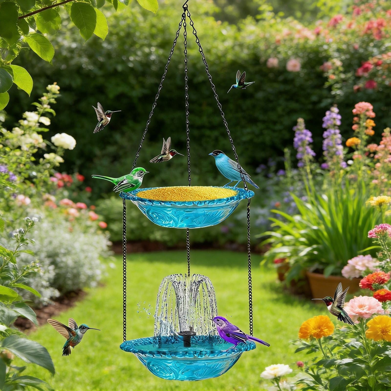 Hanging Solar Bird Bath Fountain, Solar Powered Cascading Outdoor Water Fountain, Hanging Bird Bath with Water for Outdoors Garden Patio Backyard Lawn Decor