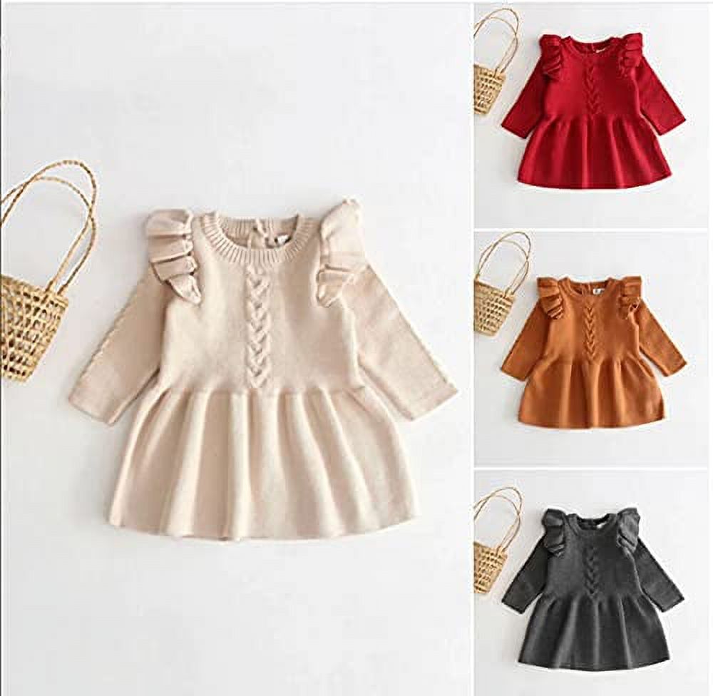 Styles I Love Baby Toddler Girls Knit Sweater Ruffle Long Sleeve Cotton Dress Little Princess Solid Dressy Outfit (Light Beige, 2T)