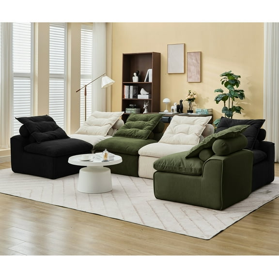 6 Modular , Corduroy Upholstered, Compact Armrest- Style, Diy Assemblage, Beige/black/, With Supportive Pillows Seating Armrest-, Configurations, 6 Person Comfortable Couch