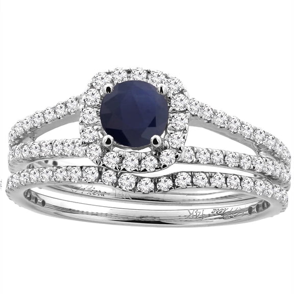 14K White Gold Diamond Halo Natural HQ Blue Sapphire 2pc Engagement Ring Set Round 5 mm, size 5.5