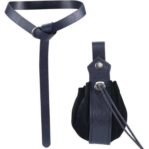 Men's Viking PU Leather Belt Chain with Belt Pouch Renaissance Waist Belt with Iron Findings Black 64 inch(162.6cm)