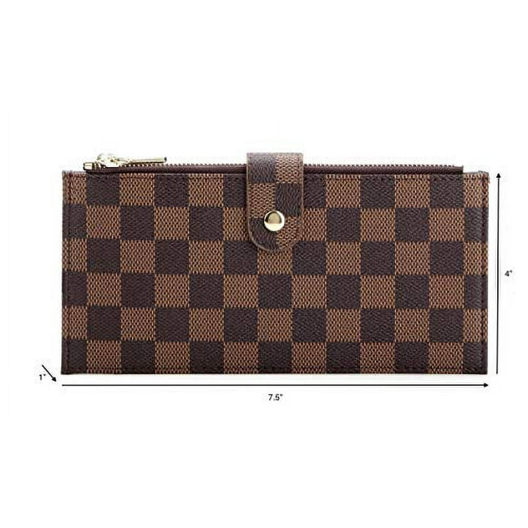 Daisy Rose Checkered Multi Card Wallet Clutch - RFID Blocking Organizer Card Holder with Zipper Pockets -PU Vegan Leather, Womens, Brown, Small