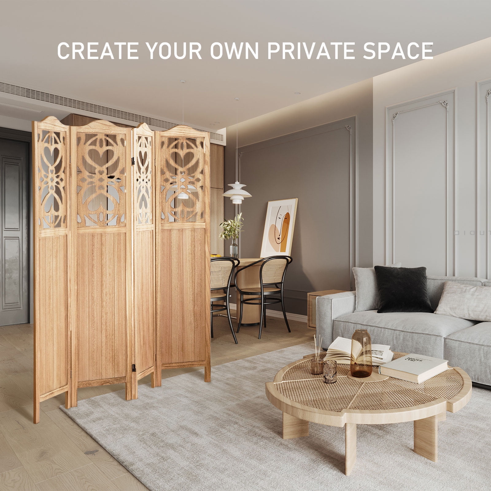 Aletheiawu 4 Panel Wood Carved Room Divider and Folding Screen, No Installation Required，Light Brown