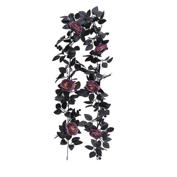 Black Garland Halloween 66 Inch Artificial Black Rose Floral Vine Spooky Hanging Decor for Home Indoor Outdoor Halloween Party Wall Mantel 1 Pack