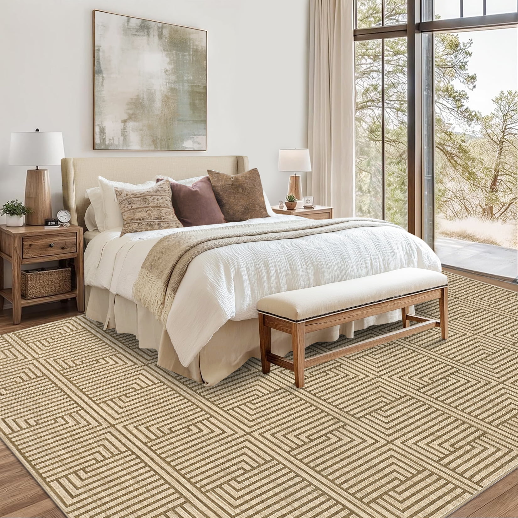 Outdoor Rug, 10x13ft Bordered Light Brown Modern Area Rugs for Indoor and Outdoor Patios, Porches Waterproof Washable Porch Deck Outside Carpet