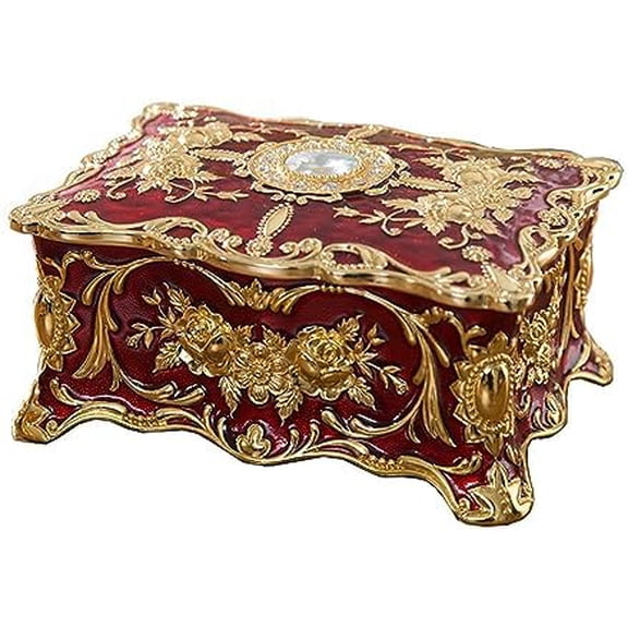 Antique-Style Enameled Jewelry Box, Small Metal Keepsake Organizer with Velvet Lining for Rings & Earrings, Decorative Dresser Box