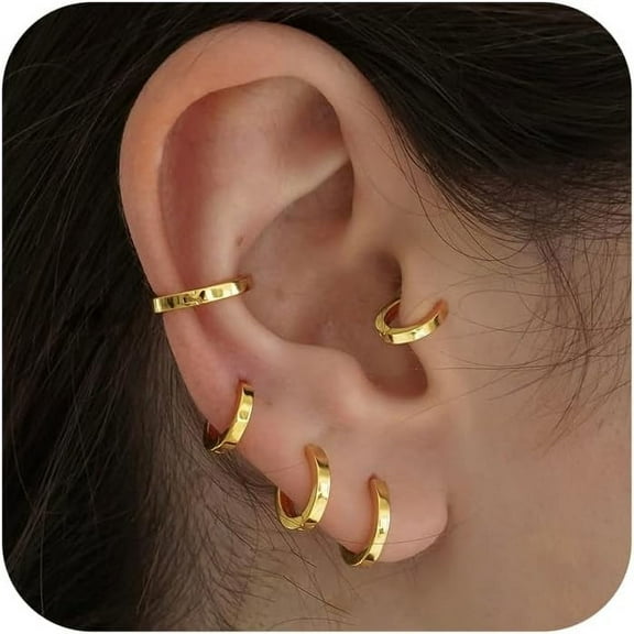 5 Pairs Gold Huggie Hoop Earring Sets for Women, S925 Sterling Silver Post 14K Gold Plated CZ Earrings Jewelry Small Hypoallergenic Trendy Waterproof Lightweight Multiple Cartilage Earring