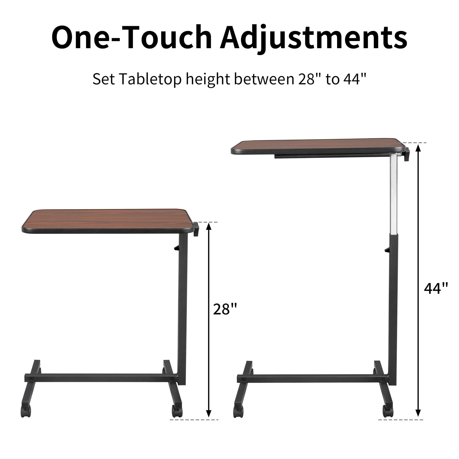 Adjustable Bedside Table MDF and Iron Movable Sofa Side Table with 4 Wheels and Brakes, 26.5 x 16.5 x 27-44 in, Dark Wood Grain