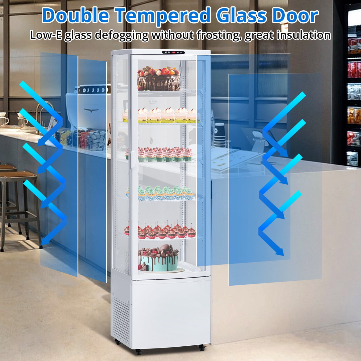 308L Commercial Display Refrigerator, 9.8 Cubic Feet Single Door, Led Lighting On Five Sides, Double-glazed, Countertop/floor Refrigerator, 110v, Suitable For Shops, Restaurants, Apartments