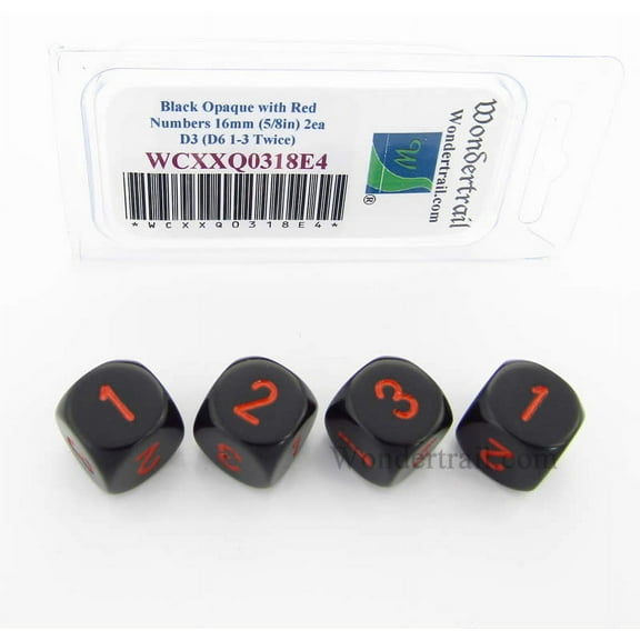 Black Opaque Dice with Red Numbers D3 (D6 1-3 Twice) 16mm (5/8in) Pack of 4 Wondertrail