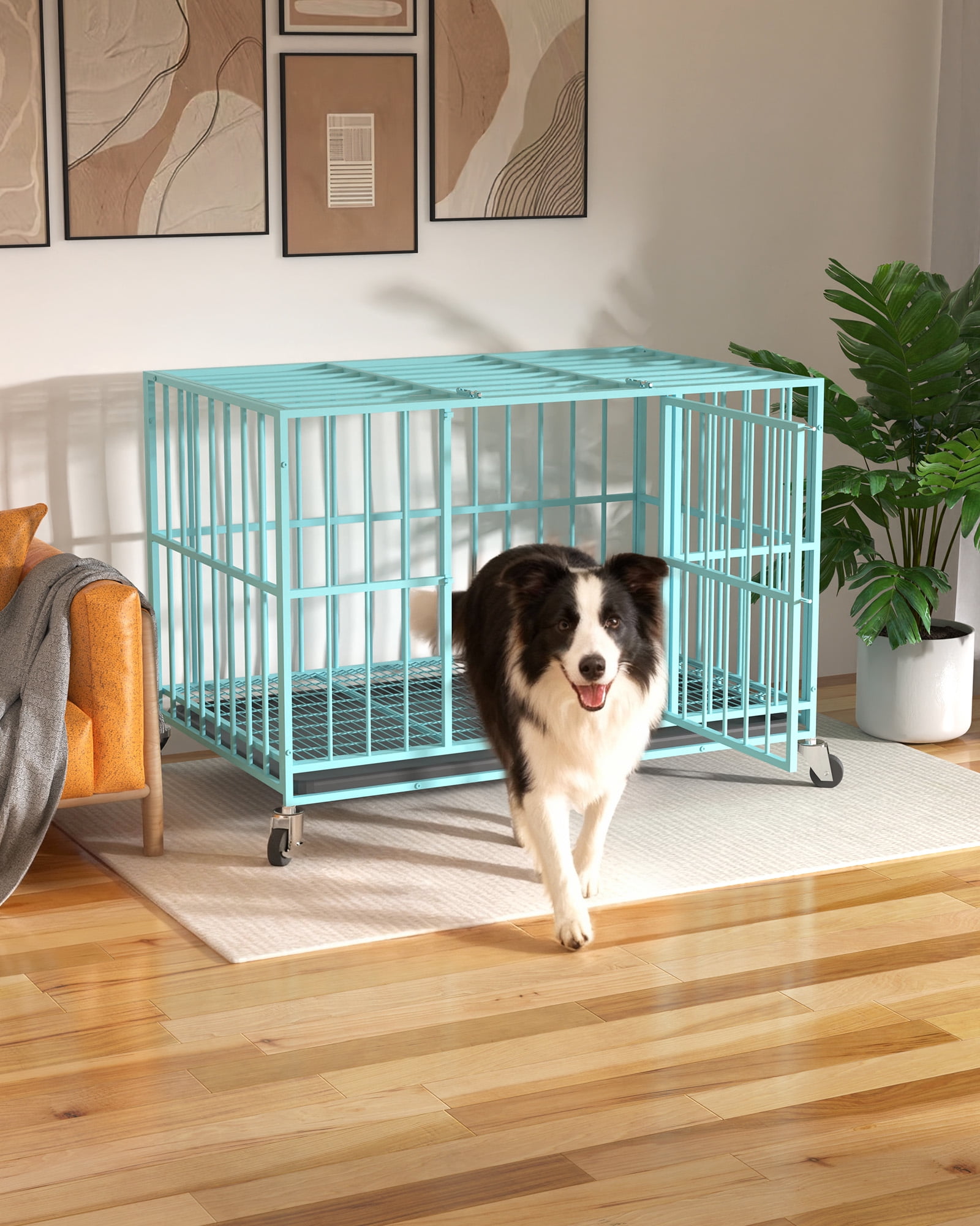 TIME RAY 48 Inch Heavy Duty Indestructible High Anxiety Dog Crate Cage for Large Dog with Steel Escape Proof, Double Doors,Lockable Wheels and Removable Tray,Blue