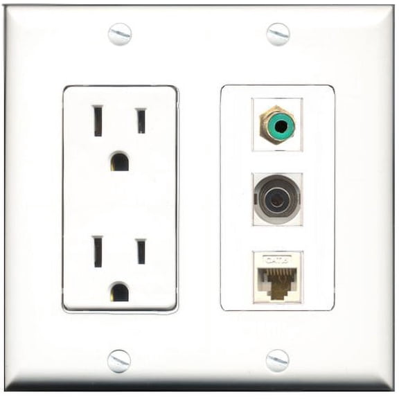 RiteAV - 15 Amp Power Outlet 1 Port RCA Green 1 Port 3.5mm 1 Port Cat6 Ethernet Ethernet White Decorative Wall Plate