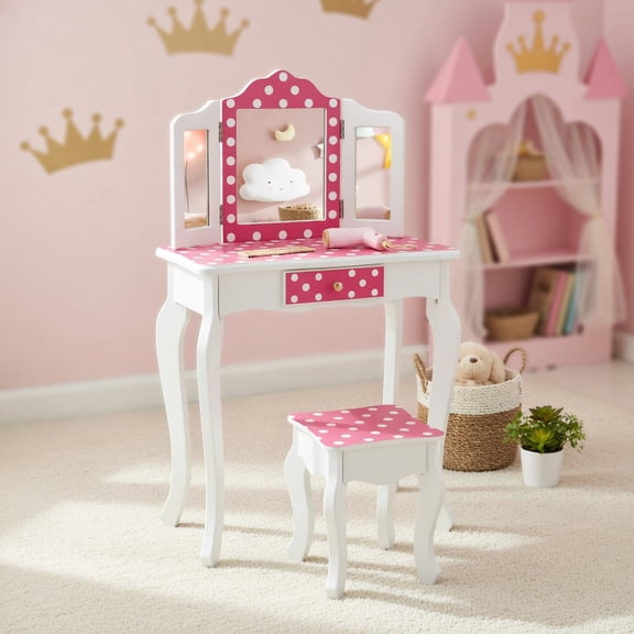 Resenkos Kids Vanity Table and Stool Set with Cute Polka Dot Print-Pink, Kids Makeup Vanity for Girls Kids