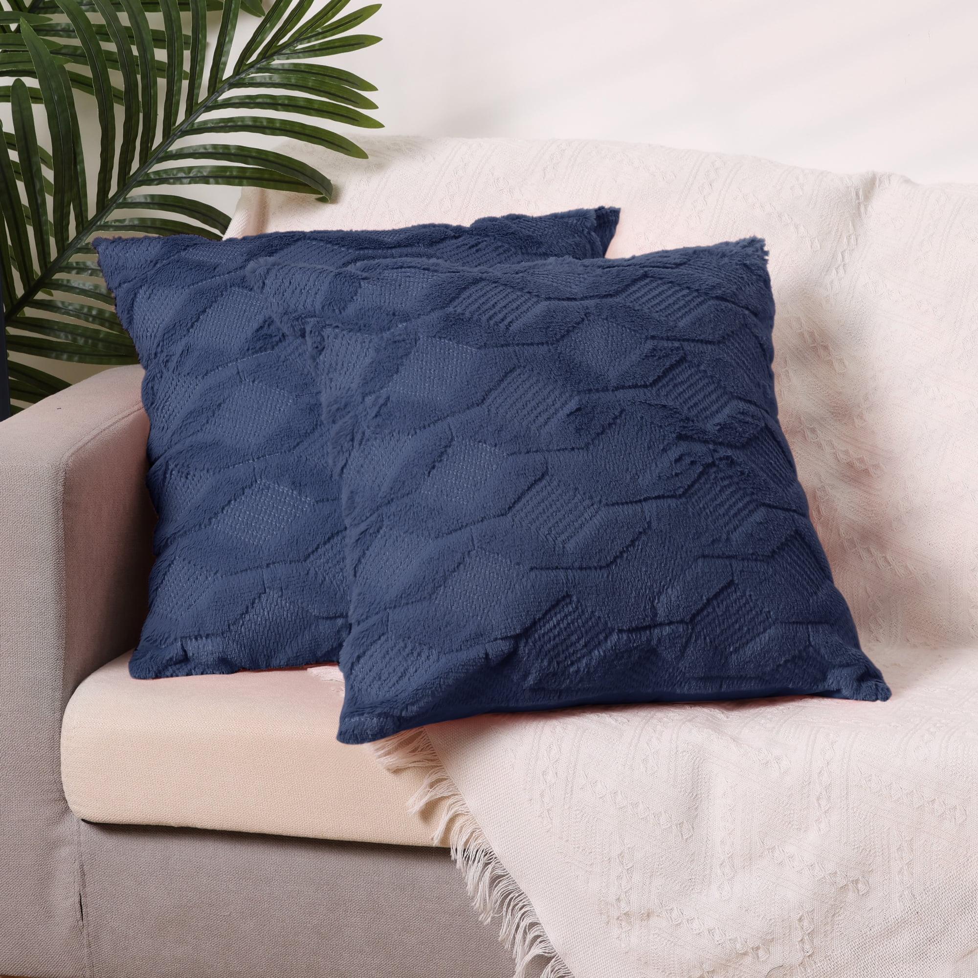 Unique Bargains 4 Pcs Solid Soft Short Plush Pillow Covers Home Decor Dark Blue/Yellow 18" x 18"