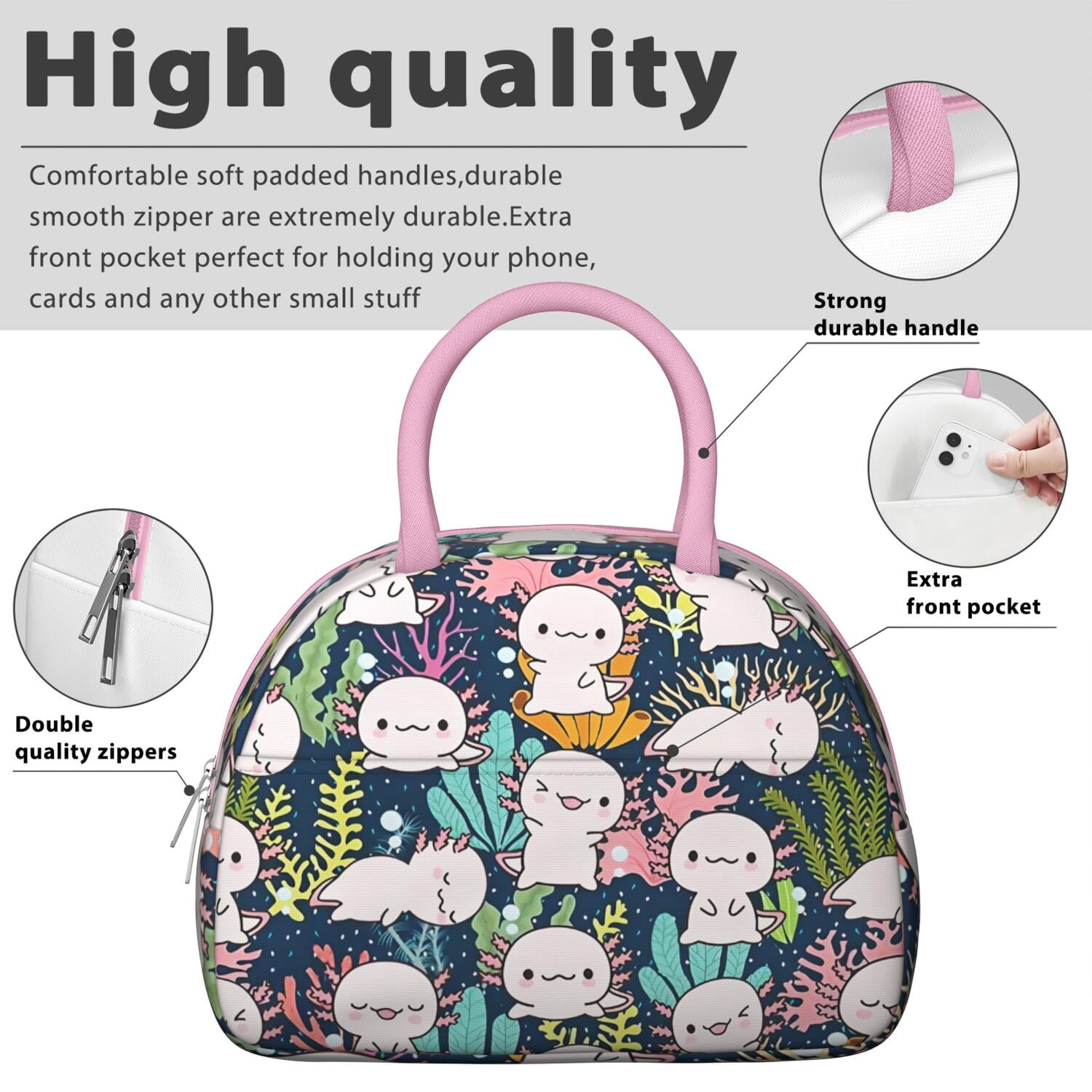 Adorable Axolotl Lunch Box - Funny Smiling Amphibian Pattern, Leakproof Insulated Cooler for Kawaii Collectors & Fantasy Enthusiasts (Whimsical Creature Art)
