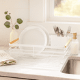 thumbnail image 5 of Large Basket Dish Drain w/Utensil Caddy - White / Bamboo, 5 of 9