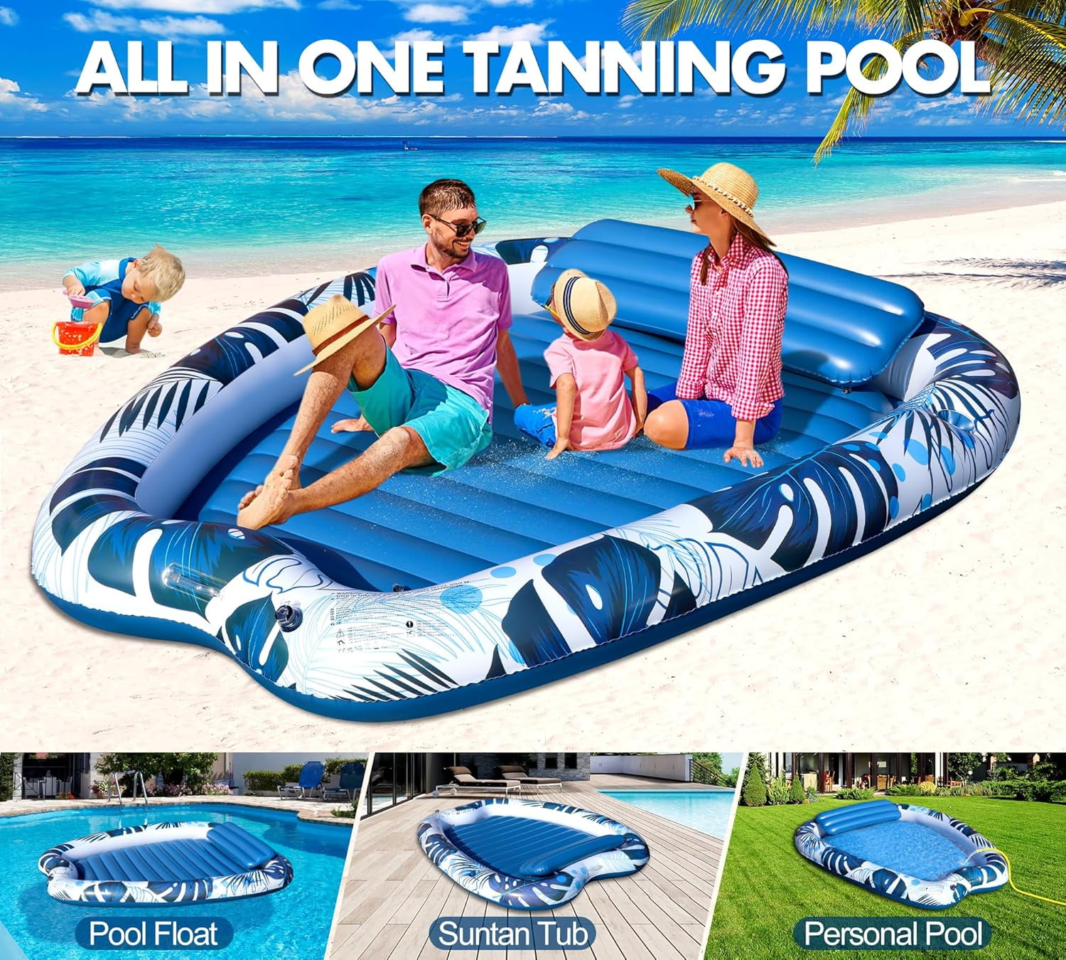2026 Deluxe Inflatable Tanning Pool for 2 Person, 90x67Inch Tanning Pool Lounger Float for Adults, Blow Up Tan Water Bed Suntan Tub with Cup Holders, Personal Sunbathing Pools for Backyard
