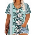 thumbnail image 2 of Clean Womens Plus Size Summer Tops Floral Printed Tee Shirts Scooped Neck Short Sleeve Tshirts Loose Relaxed Fit Tunic Blouses Vintage Texture Rose-Flower T-Shirts Dressy Work Office Clothes, 2 of 4