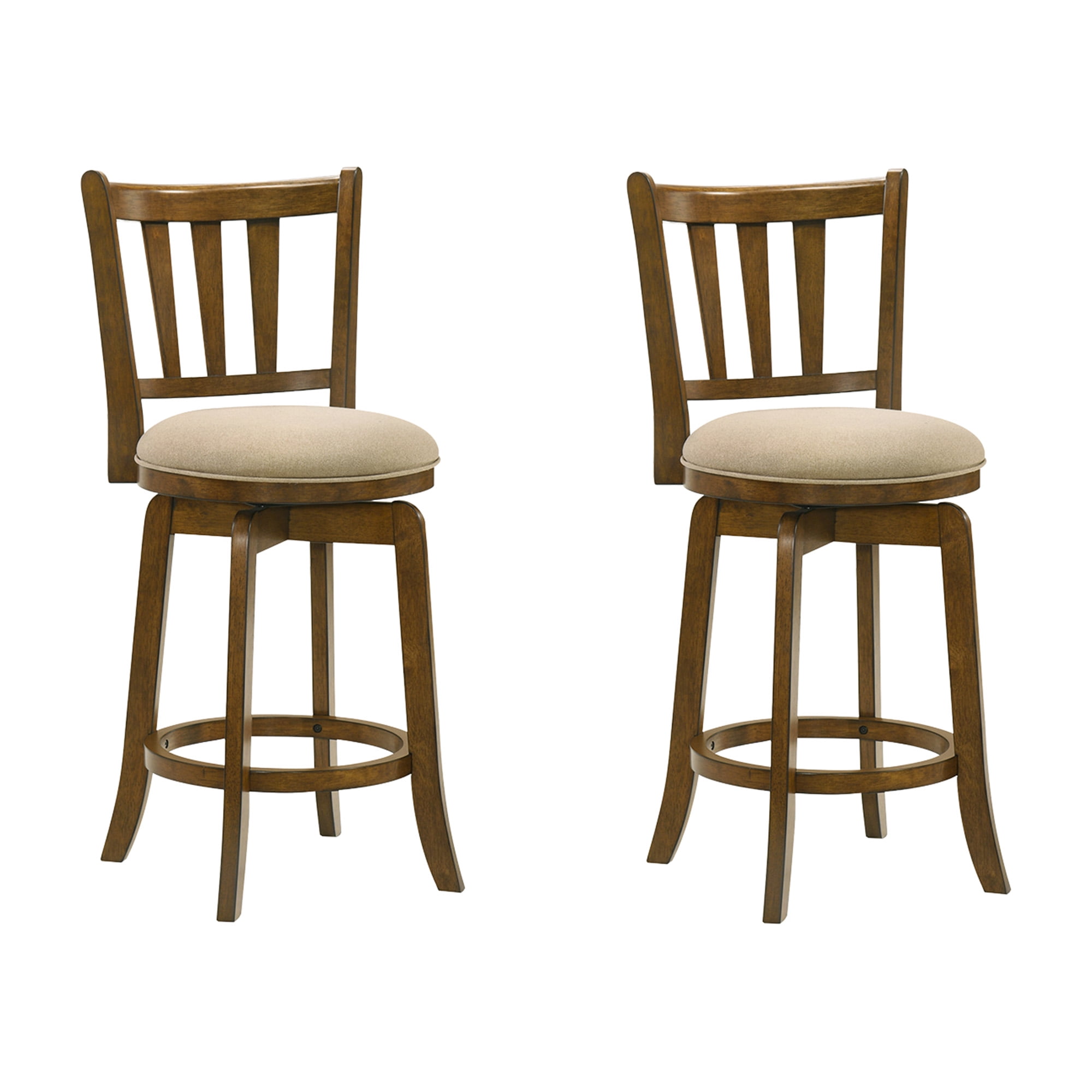 Wren Modern Farmhouse Swivel Wood Counter Height Kitchen Bar Stool in Sepia Brown Finish with Light Scone Fabric Upholstered Seat - Set of 2