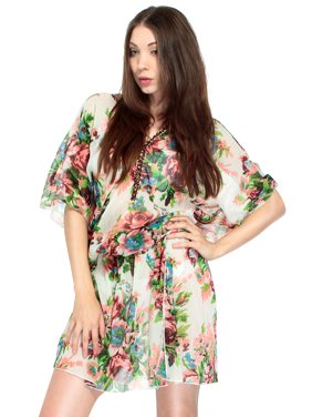 Stylish Caftan w/ Embellished v Neck and Elasticband Waist, White, S