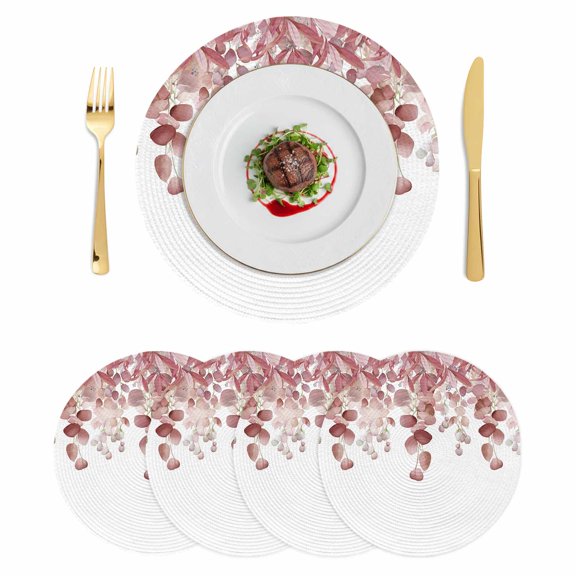 Red Brown Botanical Round 13 Inch Placemats Set of 4, Watercolor Spring Eucalyptus Leaves HeatResistant Non Slip Place Mats for Dining Table, Wipeable Braided Kitchen Table Mats for Housewarming