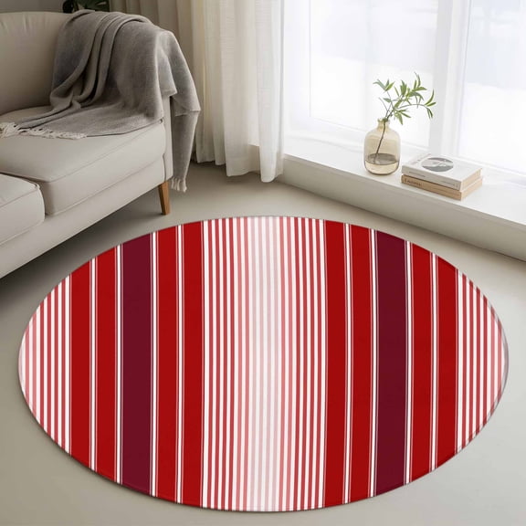 Red Vertical Striped Round Area Rug 4 FT, Non Slip Indoor Outdoor Rug, Farmhouse Minimalist Abstract Lines Washable Soft Circular Carpet Non-Shedding Floor Mat for Coffee Table Nursery Foyer Balcony