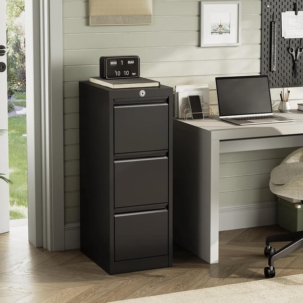 3-cajón metal file gabinete con lock a4-sized y fixed tray negra