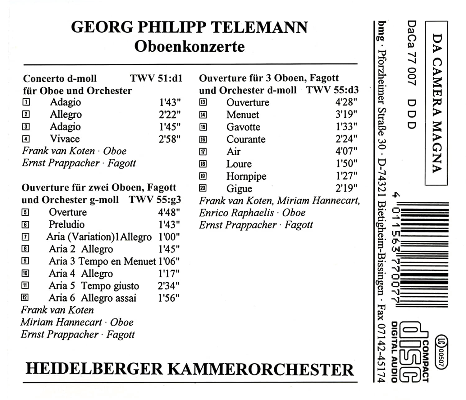Telemann / Heidelberger Kammer - Oboe Cons - Music & Performance - CD