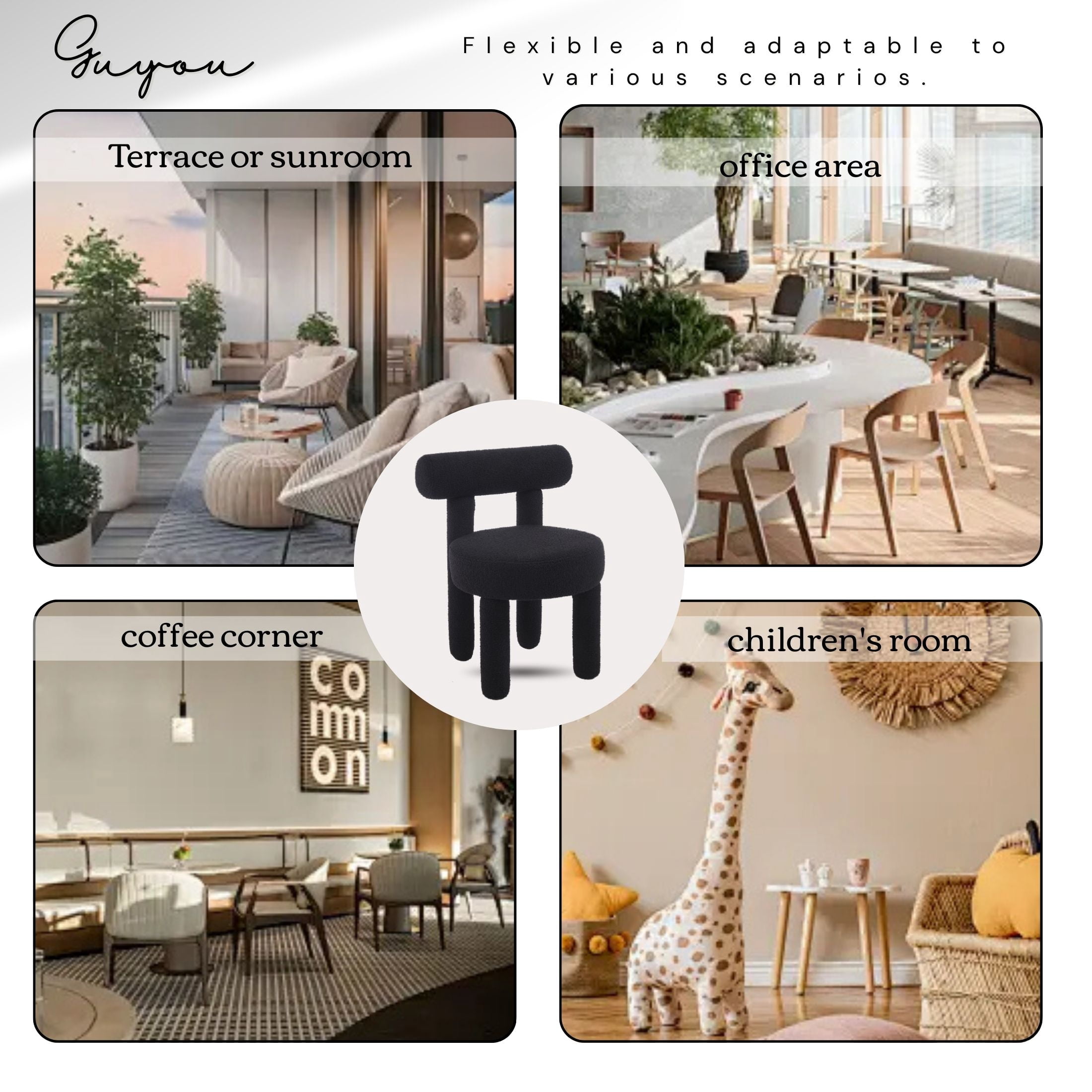 Guyou Boucle Dining Chairs - Set of 6, Modern Upholstered Kitchen Chairs with Sherpa Open Back, 21.5" Wide Armless Side Chairs for Dining Room, Black