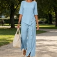 thumbnail image 4 of Puyaiuu Womens Solid Wrinkle Fabric 2 Piece Outfit Asymmetric Button Top High Slit Wide Leg Pants Summer Casual Vacation Set Blue XXXXL Gift, 4 of 7