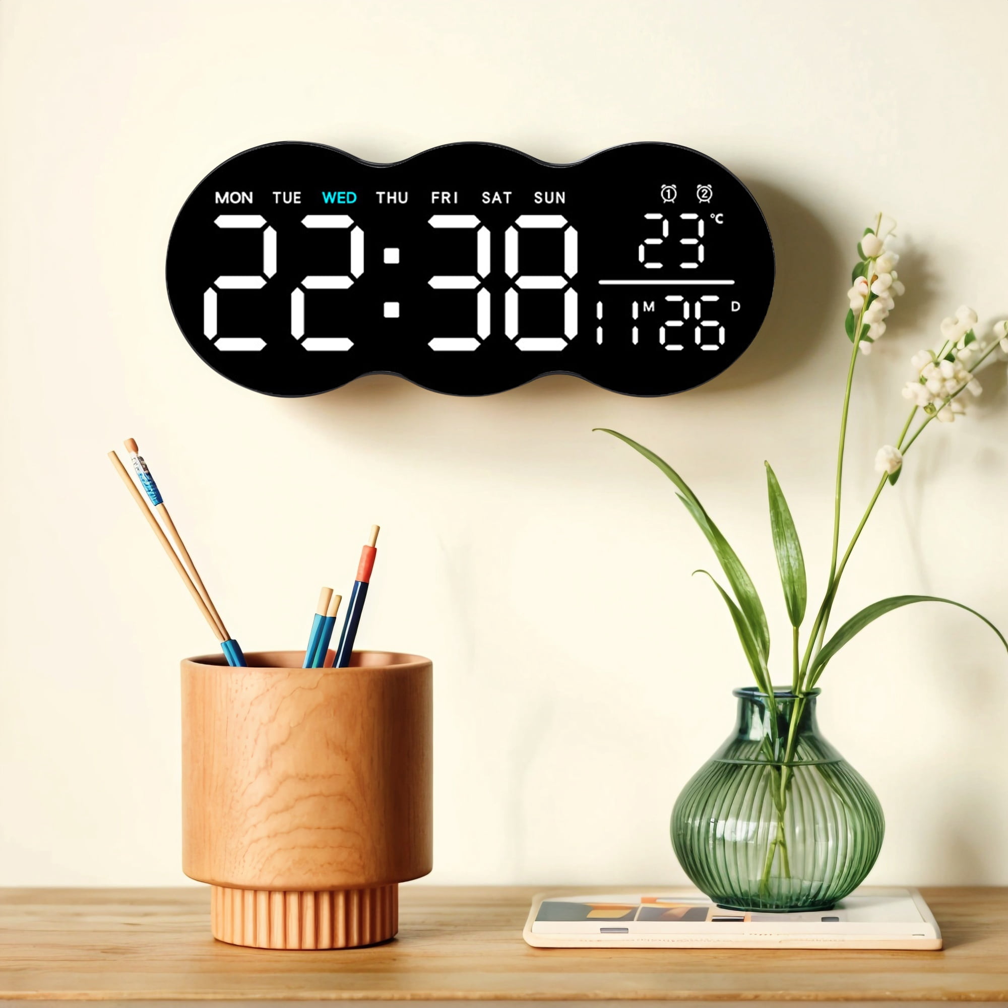 Unique Bargains 1 Pc Digital Wall Clock with Large Display and Remote Control White