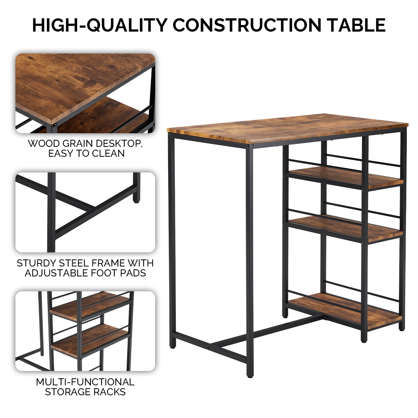 Ktaxon 3 Pieces Dining Table Set for 2, Counter Height Bar Table Set with Storage Shelves and Padded Chairs for Dining Room, Kitchen, Rustic Brown