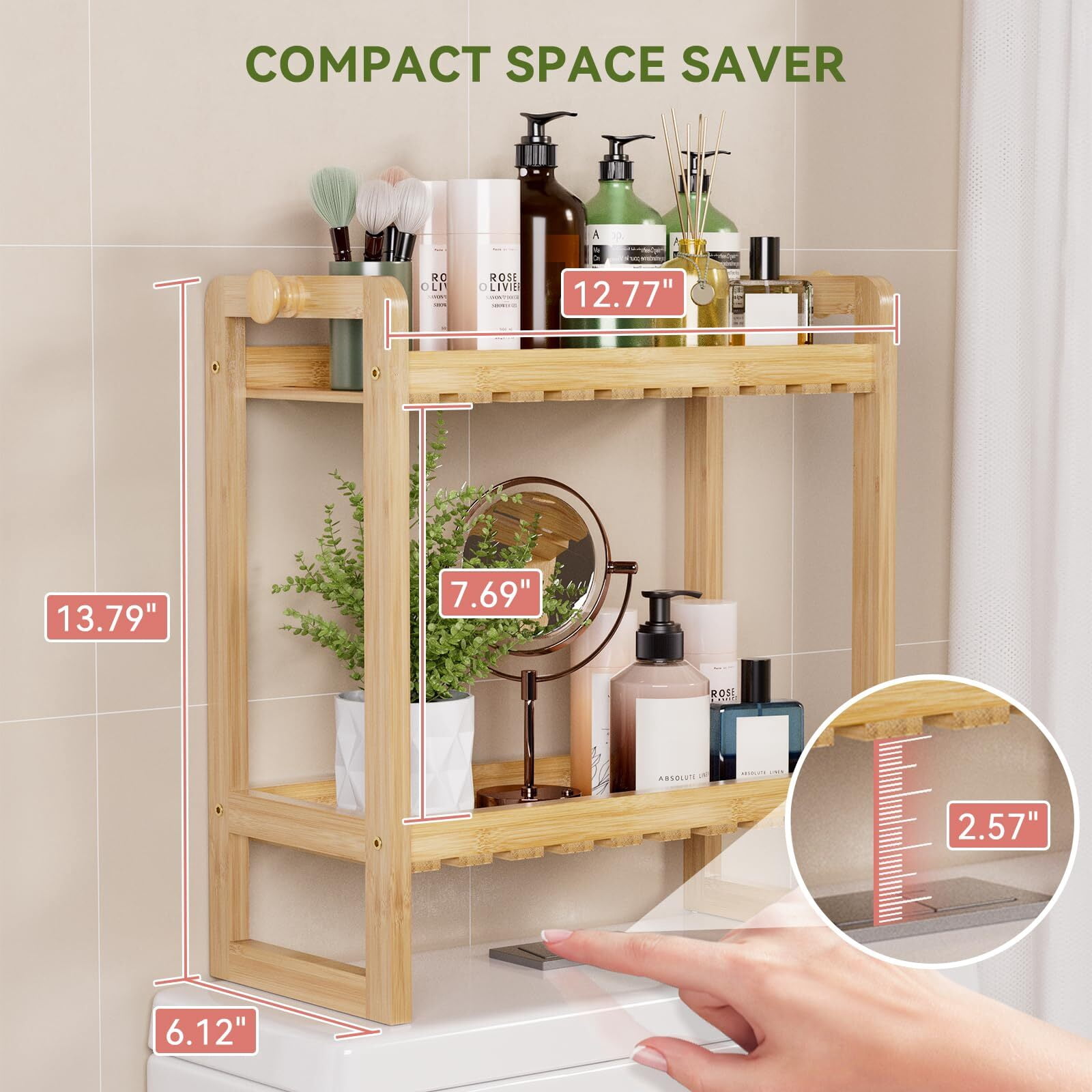 Bamboo Over the Toilet Storage Shelf - 2-Tier Bathroom Organizers, 2 in 1 Dual Stable Home Storage Rack for Small Bathroom, Space Saver