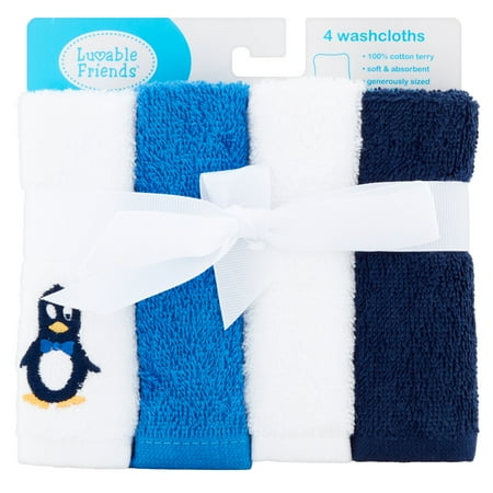 - Luvable Friends Baby Boy and Girl Woven Terry Washcloths, 4-Pack - Blue Penguin