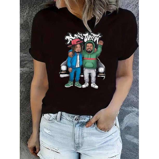 Camiseta con estampado de coche de dibujos animados para mujer - Algodón informal, elasticidad media, cuello redondo, comodidad para todo el año, estilo hip hop unisex, camisetas informales