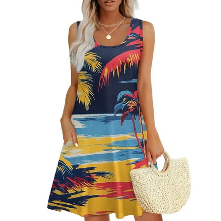 GXIPO Sleeveless Summer Dresses for Women U Neck Swimsuit Coverup Dress Vacation Dresses Sun Dress Tunic Boho Hawaiian with Pockets Royal Blue M