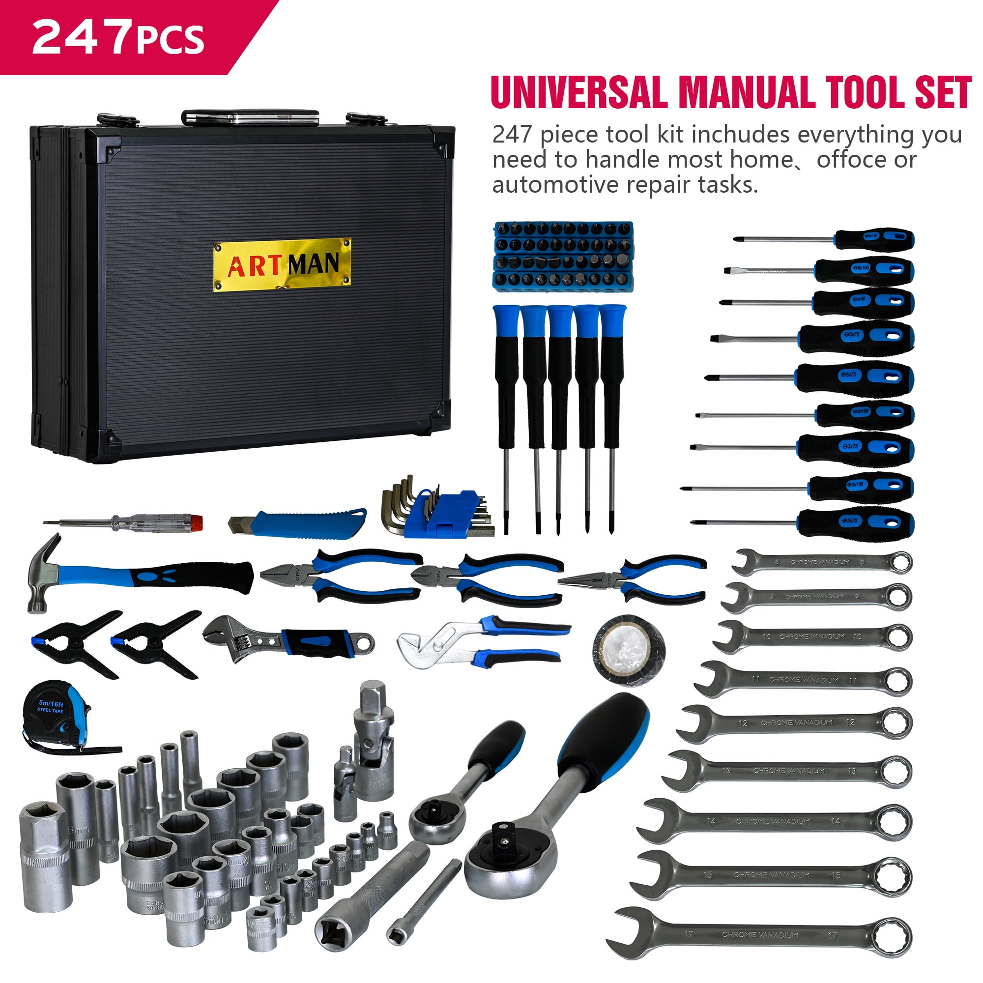 Izzovium 247-Piece Home & Auto Tool Set with Suitcase, 4-Layer Toolbox for General Maintenance, Silver & Blue, 17.2lbs, Carbon Steel