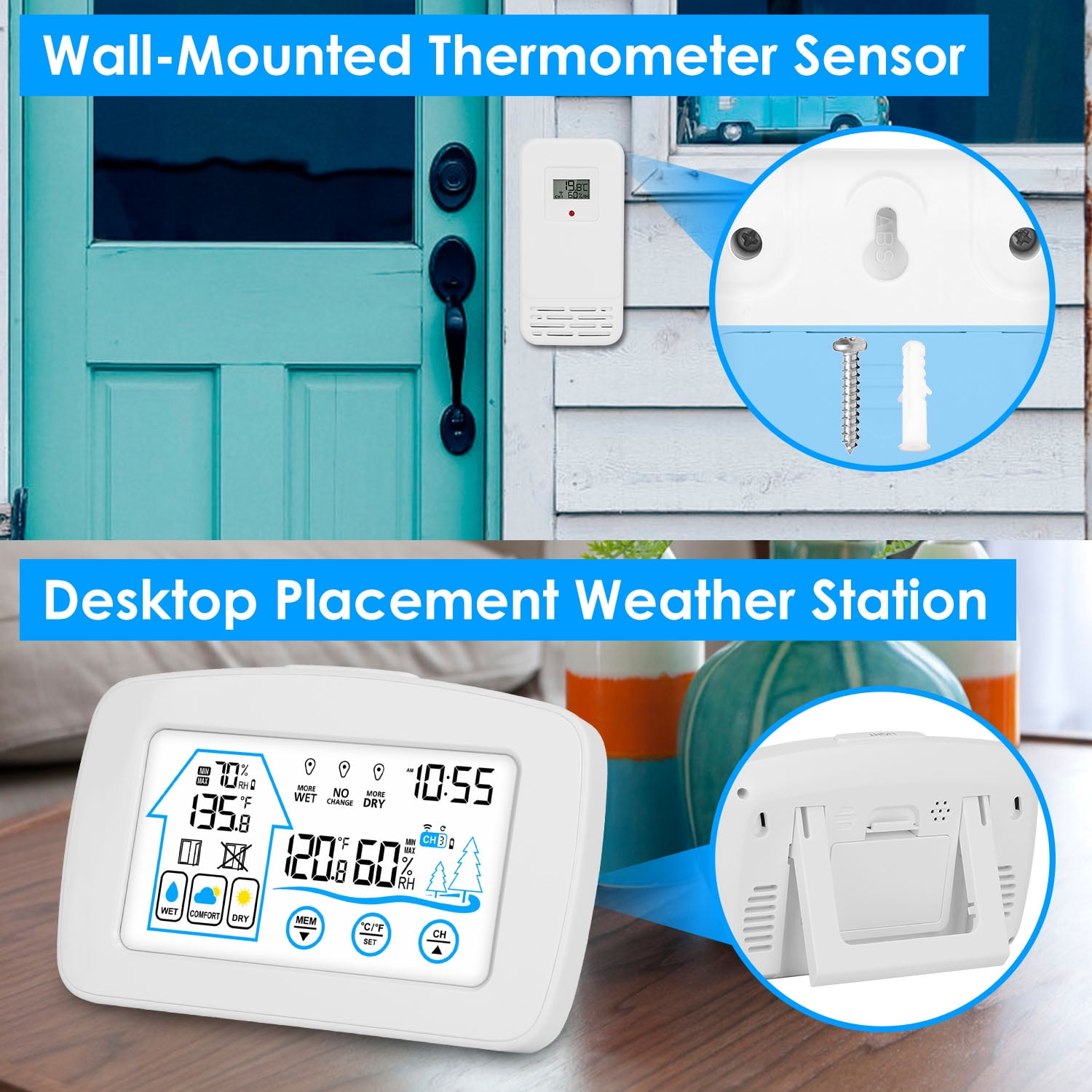 (Weiyi-EC)-- 1Pc Wireless Weather Station With Clock 196FT Range Indoor Outdoor Thermometer Sensor Temperature And Humidity Monitor Humidity Forecast Battery Powered Backlight Display **--（ 8lp'g）