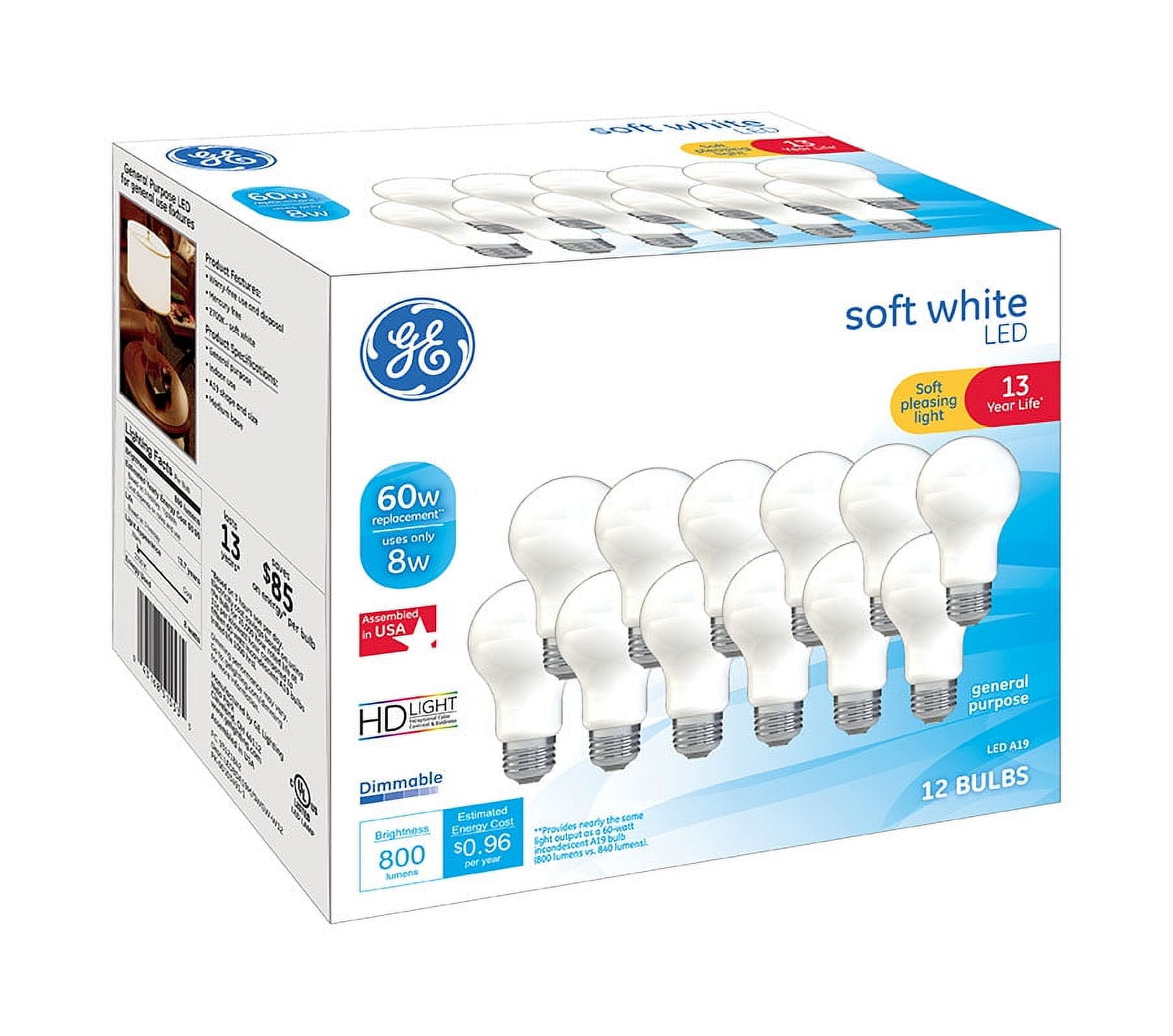 GE Led 8W (60W Equivalent) Soft White Color, A19 General Purpose Light Bulbs, 13 Year Life, Dimmable, 12pk