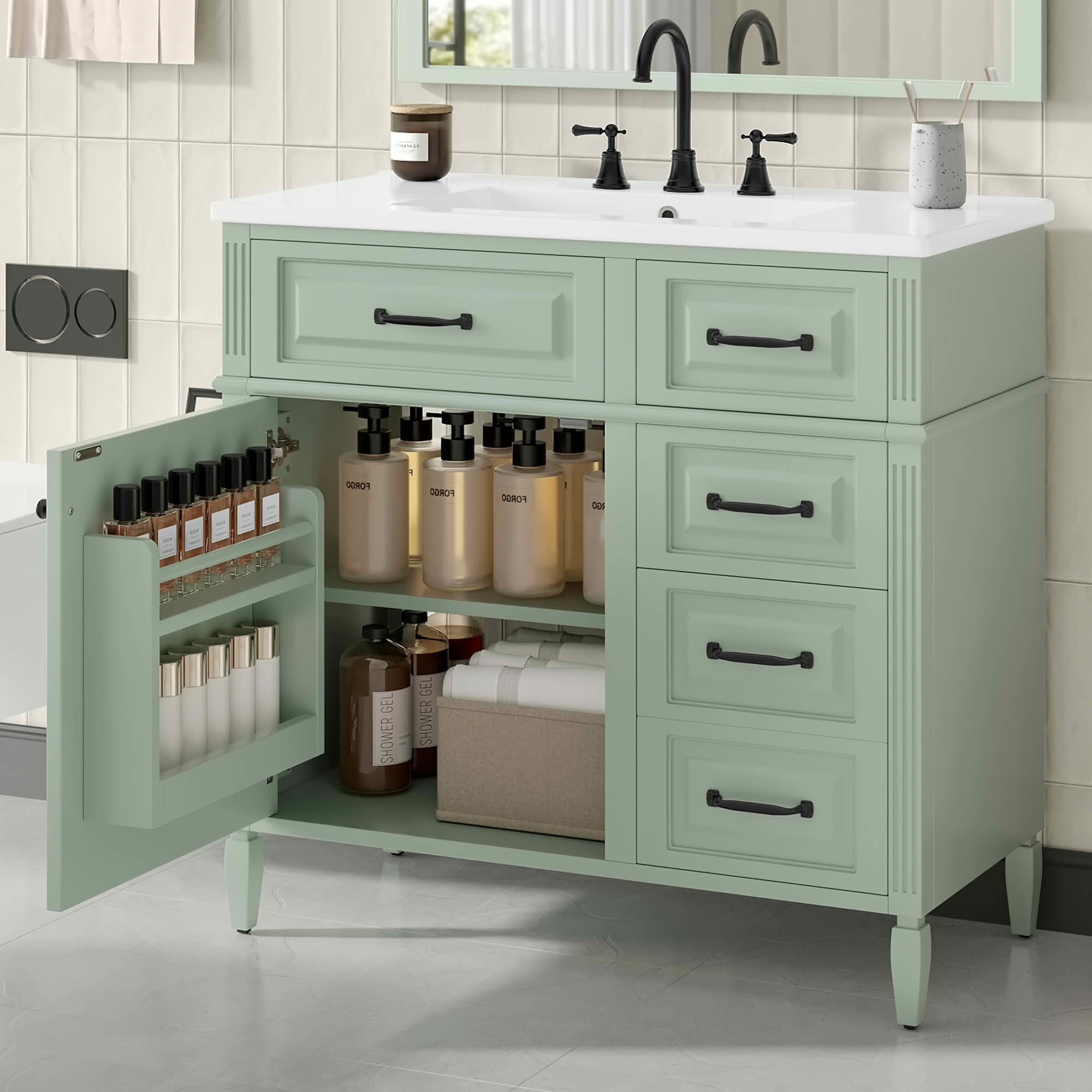 MAYEERTY 36" Bathroom Vanity with Sink Blue Gray Solid Wood Flip Drawer 3 Drawers 2 Doors Golden Metal Handles MDF