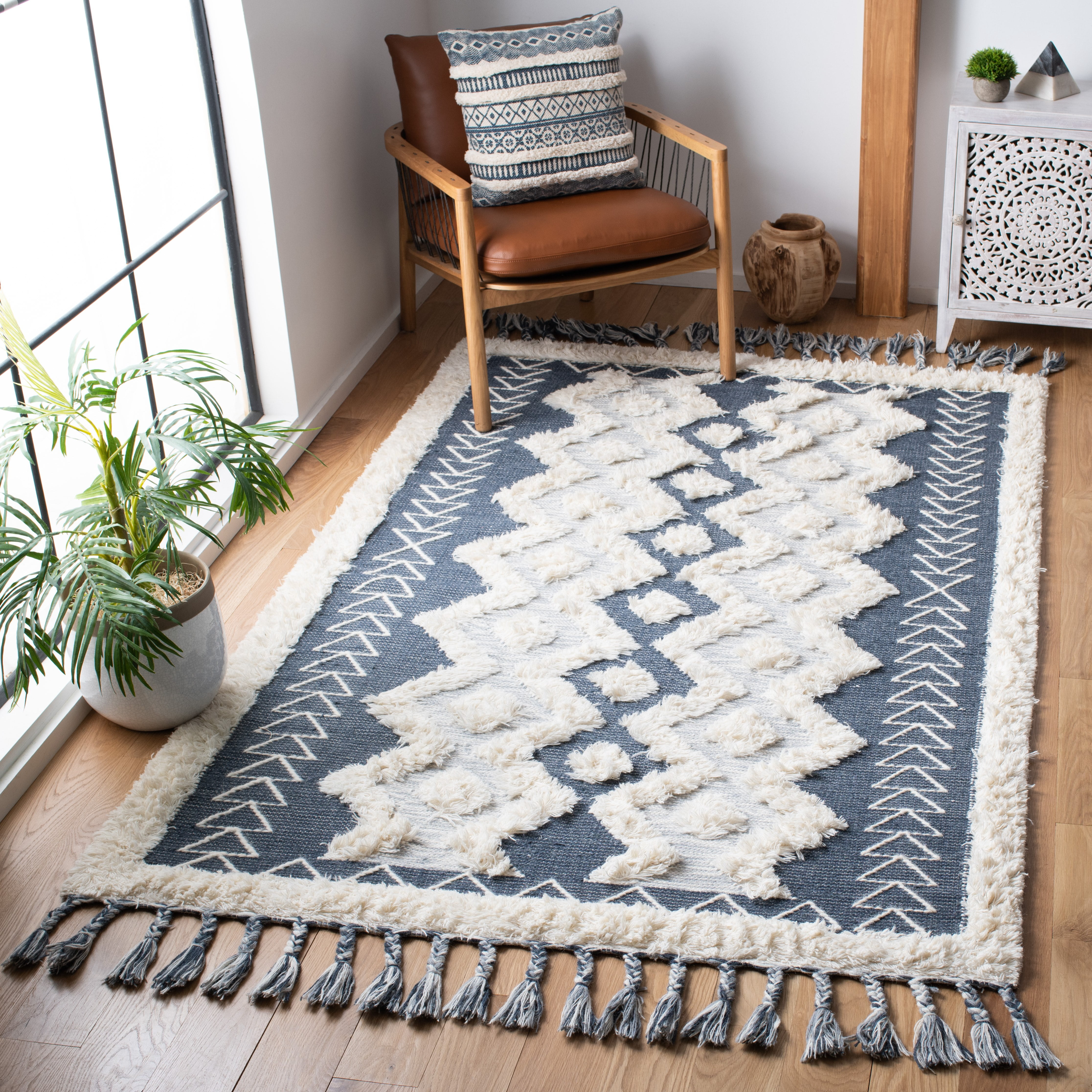 SAFAVIEH Natura Ashlea Geometric Wool Area Rug, Ivory/Blue, 8' x 10'