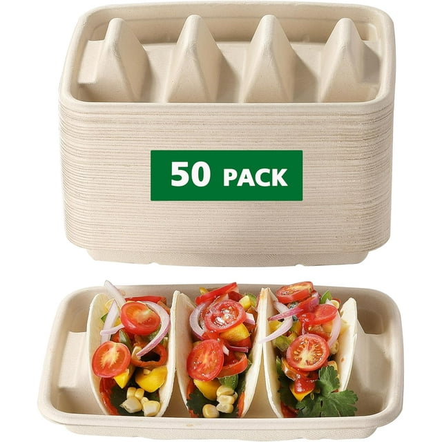 50 PCS Disposable Taco Holders for party, HIA Premium Paper Taco Plates, Taco Tray Stand for 3 Tacos, Taco Bar Serving Set for a Party, Taco Plates with Dividers, Taco Tuesday