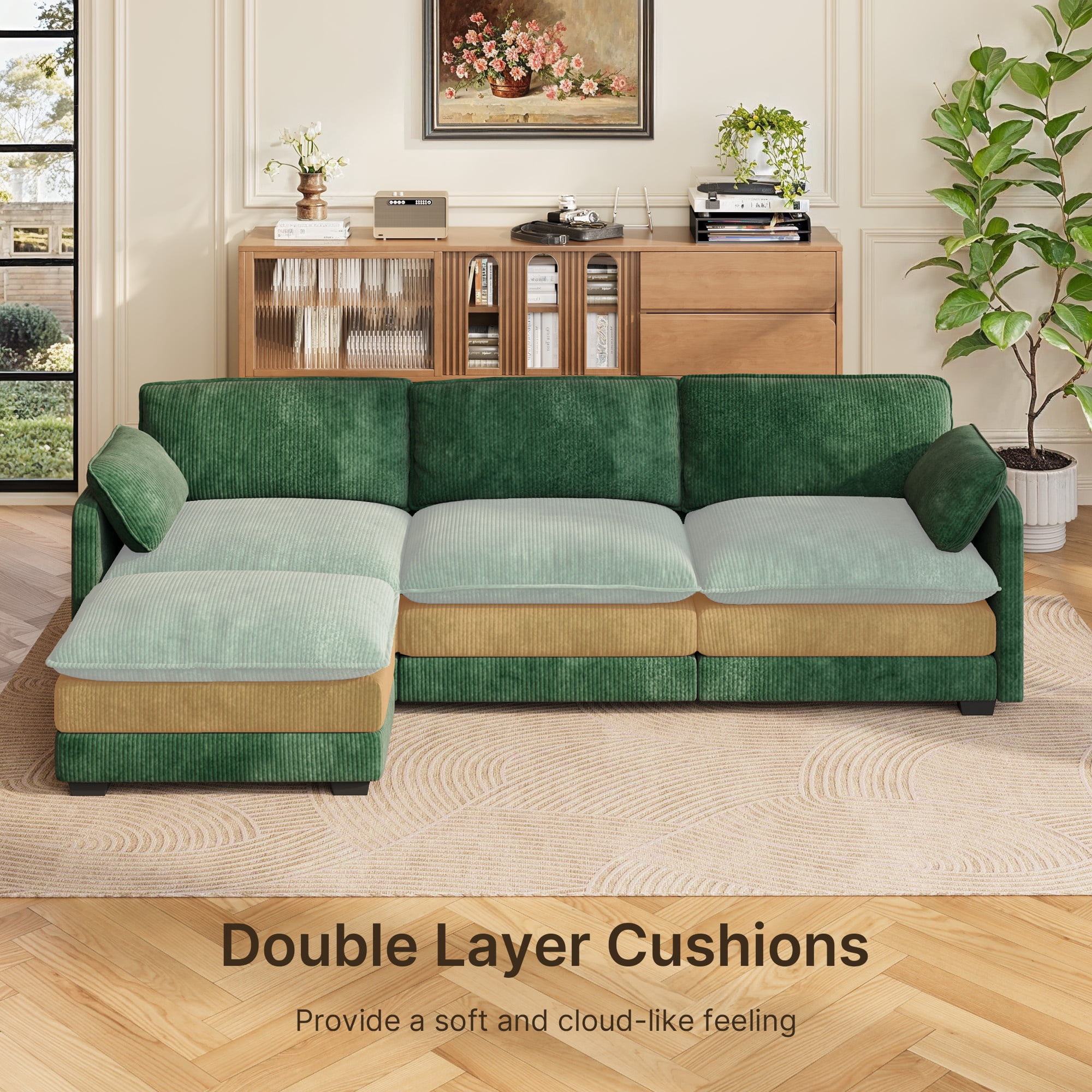 Lofka Sectional Sofa Bed, 110" Convertible L Shaped Couches for Living Room  with Soft Corduroy Fabric, Green