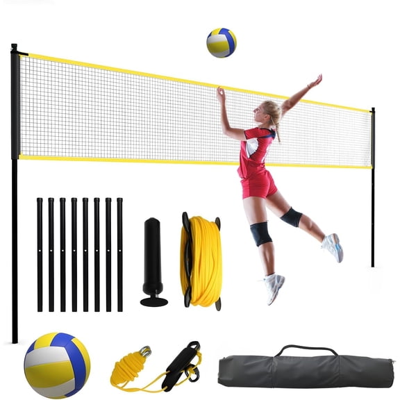 BouPower Volleyball Net for Backyard, 32FT Portable & Height Adjustable Volleyball Net with Ball, Pump, Carry Bag & Ropes, Freestanding Volleyball Practice Training Equipment for Backyard & Beach