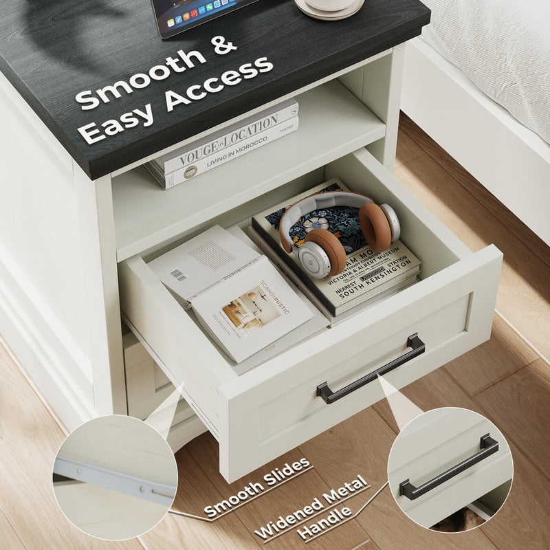 Gianna Nightstand with Charging Station, Farmhouse Bedside Table with 2 Drawers and Open Shelf, Wood End Table, Modern Side Table for Bedroom, White