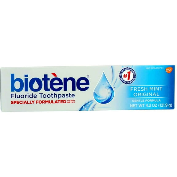 Biotene Fluoride Toothpaste For Dry Mouth Symptoms, Bad Breath Treatment And Cavity Prevention, Fresh Mint - 4.3 Oz (Pack Of 5).