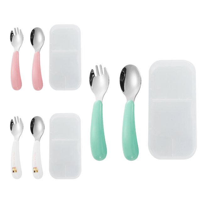Utensilios para niños pequeños, 3 tenedores y 3 cucharas, acero inoxidable y silicona de grado alimenticio, mangos gruesos de fácil agarre, longitud para nuevos autoalimentadores