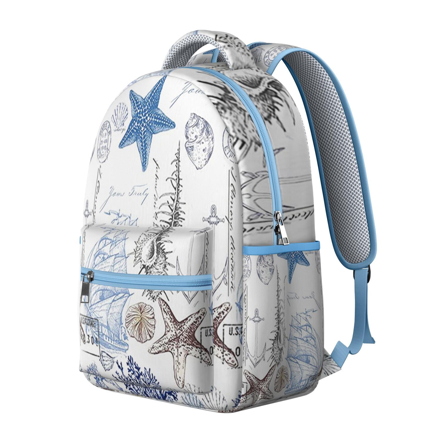 Nautical Waterproof Backpack for Teens - Vintage Summer Design with Starfish & Sand Prints, Durable Lightweight Bookbag with Padded Back Panel & Side Pockets