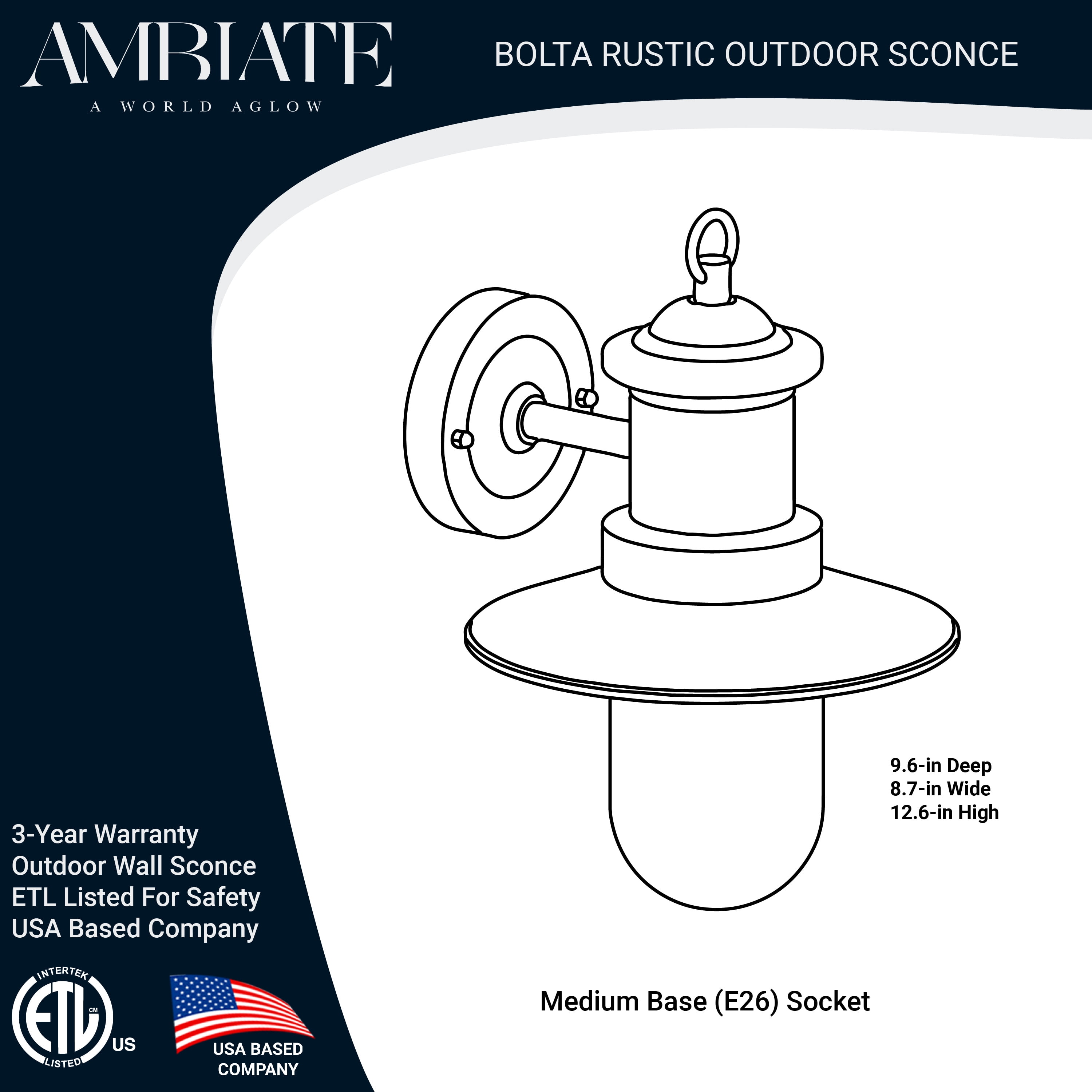 Ambiate Bolta Rustic Farmhouse Style Wall Sconce, Outdoor Use, Medium Base (E26) Socket, Black Finish, Clear Glass Shade, For Porches, Patios, Garage Openings, Commercial or Residential, ETL Listed